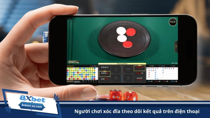 người chơi xóc đĩa theo dõi kết quả trên điện thoại